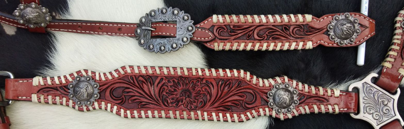 Showman One Ear Headstall and breast collar set with floral tooling and barrel racer conchos #4